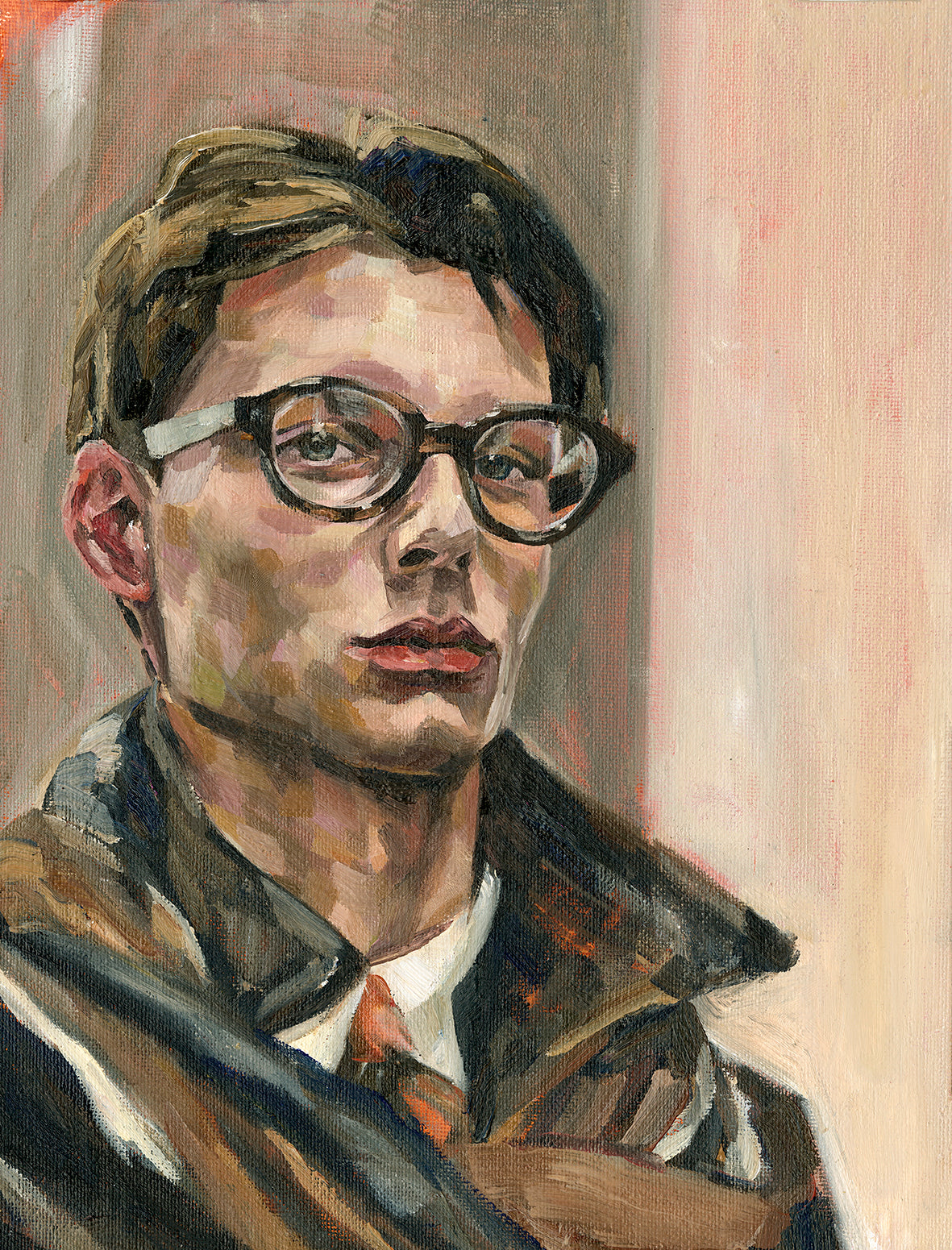 Portrait of a gentleman wearing glasses and a jacket with a neutral background and winter tailoring.