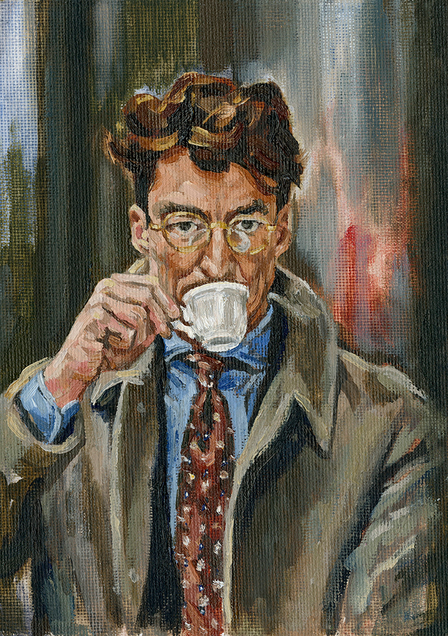 Oil painting of a gentleman wearing classic tailored clothes drinking his espresso.