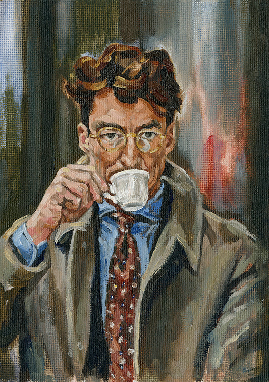Oil painting of a gentleman wearing classic tailored clothes drinking his espresso.