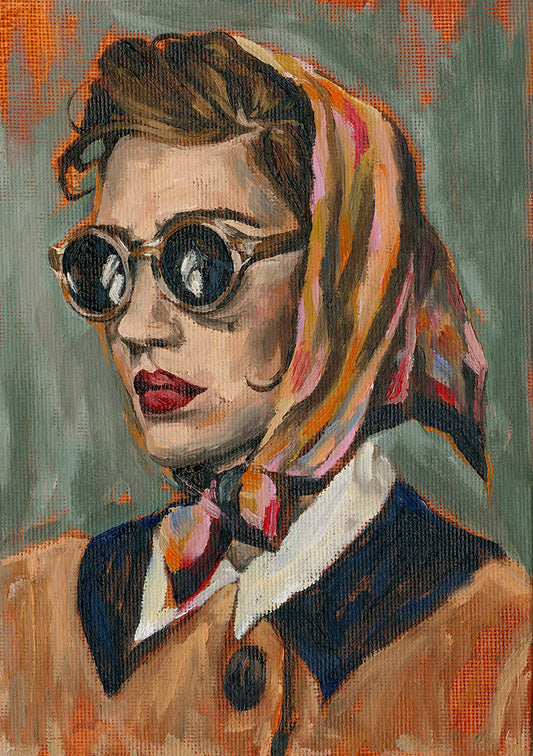 oil painting of a classically styled lady wearing her silk headscarf and sunglasses.